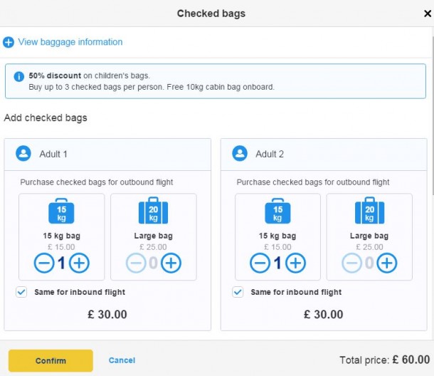 ryanair checked bag cost