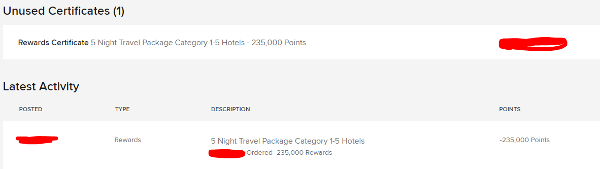 Marriott 5 Night Travel Package Chart