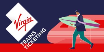 Virgin Train Ticketing man with a surfboard takes a Virgin Train